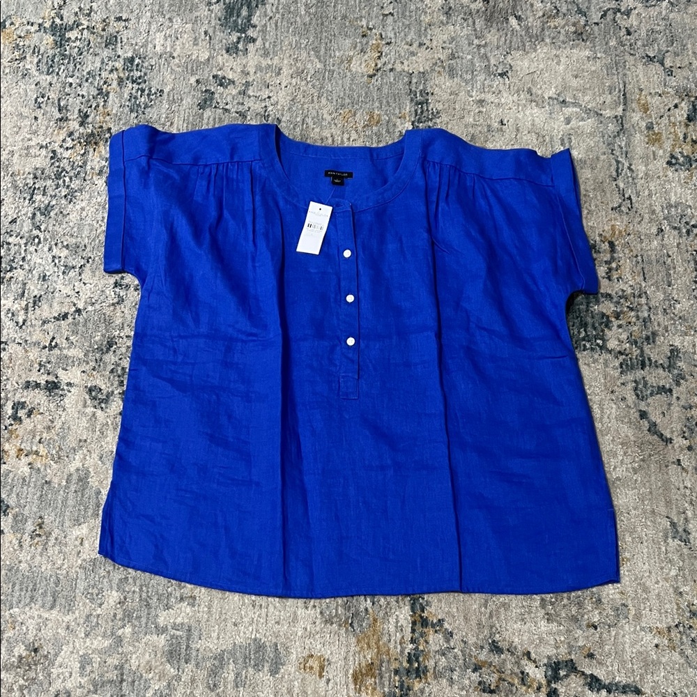 NWT Ann Taylor Blue Linen Half Button Down Blouse